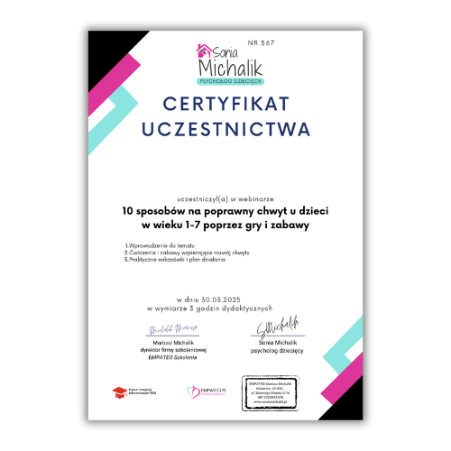 Certyfikat PDF: 10 sposobów na poprawny chwyt u dzieci w wieku 1-7 poprzez gry i zabawy