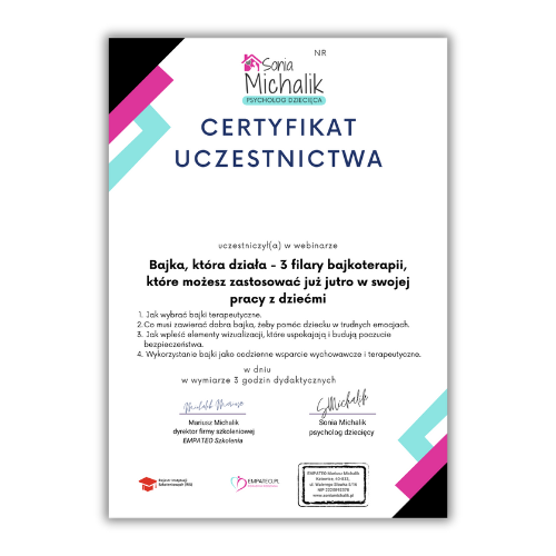 Certyfikat PDF: Bajka, która działa – 3 filary bajkoterapii, które możesz zastosować już jutro w swojej pracy z dziećmi